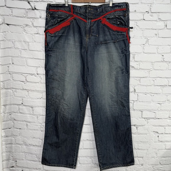Marithe Francois Girbaud Denim Jeans Size 44 Red String Strap Embossed Baggy VTG - Picture 1 of 16